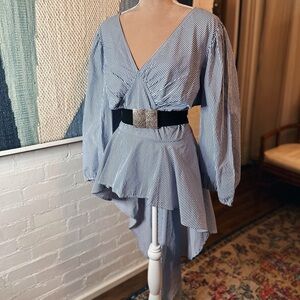 18 Centimeters Blue Striped Peplum High Low Blouse